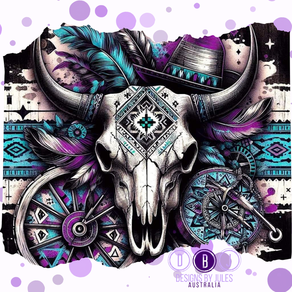 Purple & Teal Longhorn Skull